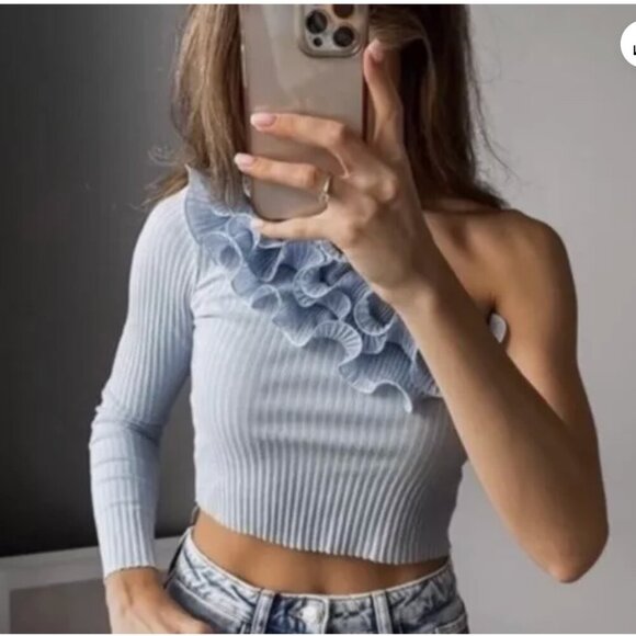 ZARA Flower Top Knit Blouse One Sleeve Asymmetric Top Size L ,Color Blue NWT - Picture 14 of 16